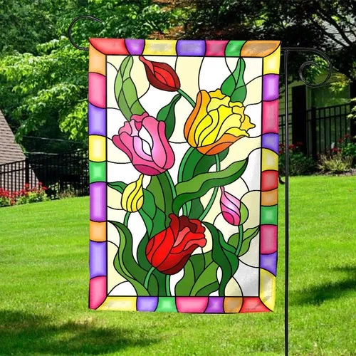 Stained Glass Tulips Garden Flag Spring Floral Outdoor Yard Decor ZZY