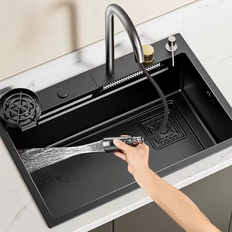 Black Luxury Handmade Stainless Steel Kitchen Sink Nano Big Double Bowl with Dish Rack Two Holes Faucet Not Included