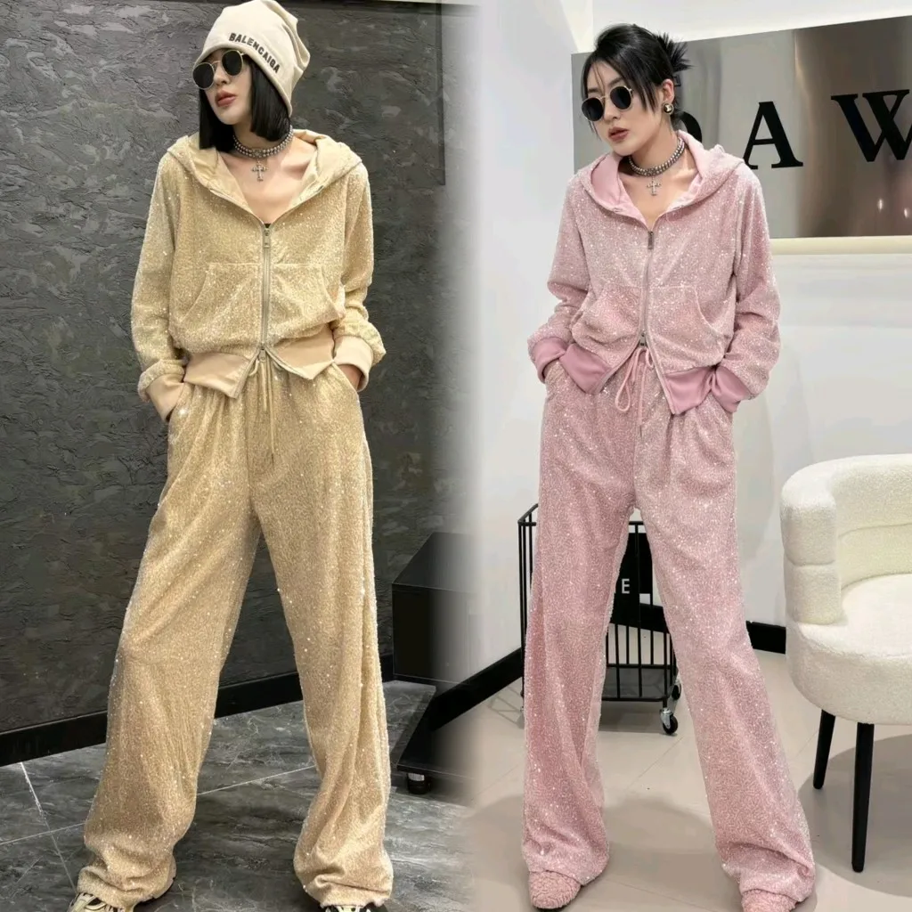 European Station Casual Suit Spring New Fashion Hooded Women's Sequined Long-Sleeved Jacket Wide-Leg Pants Slim Elegant Twinset