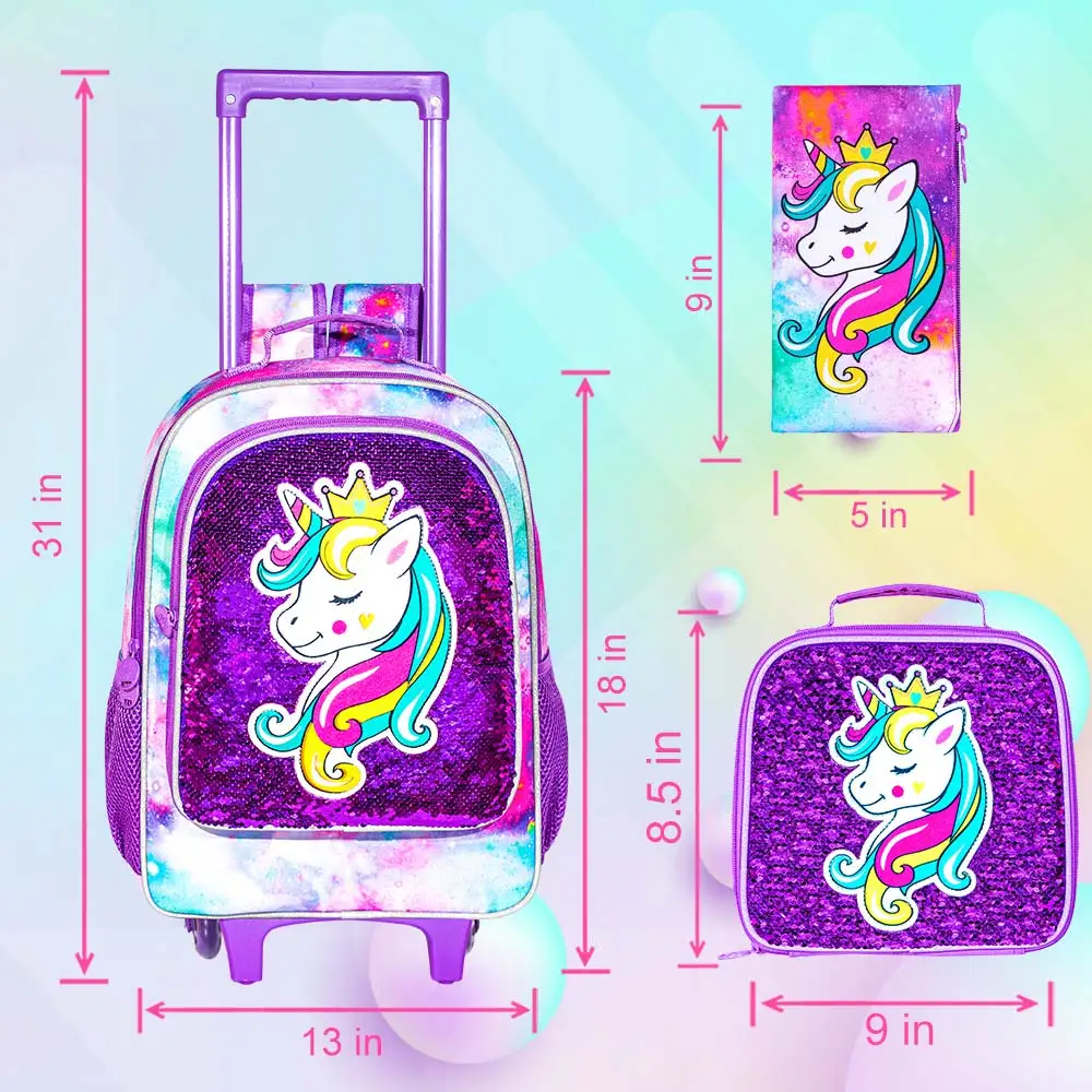 3PCS Rolling Backpack for Girls Kids Roller Wheels Bookbag with Lunch Bag Sleeping Unicorn Pattern Design Glow-in-the-dark Funct