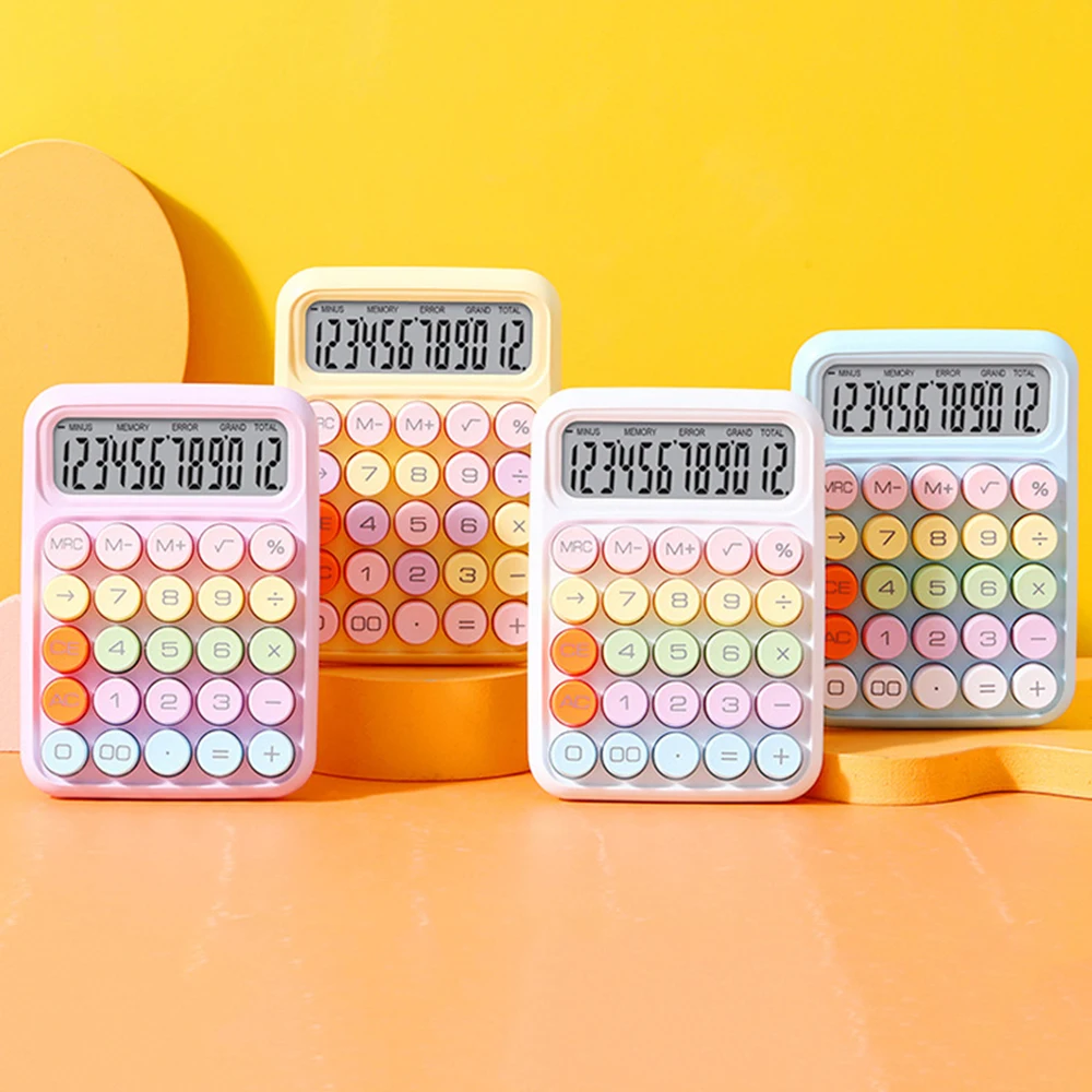 Mechanical Calculator 12 Digit Large LCD Display Big Round Button Cute Candy Colored Calculator Suitable for Office School Home