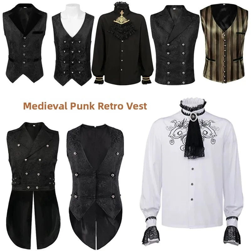 

Костюм средневекового принца: нижняя одежда, фрак, костюм для Хэллоуина, панк-стиль, мужской жилет, винтажный придворный жилет, женский этнический костюм