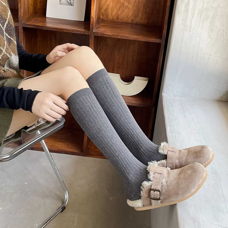 New Women\'s Stockings Spring Trends Casual Preppy Style Knee High Socks Female High Quality Cotton Solid Color Long Socks Comfy