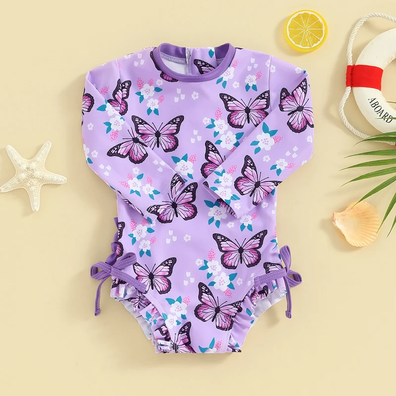 Baby Clothing Girl’s Swimwear Long Sleeve Flower Butterfly Print Bow Summer Swimming Suits Bathing Swimsuit