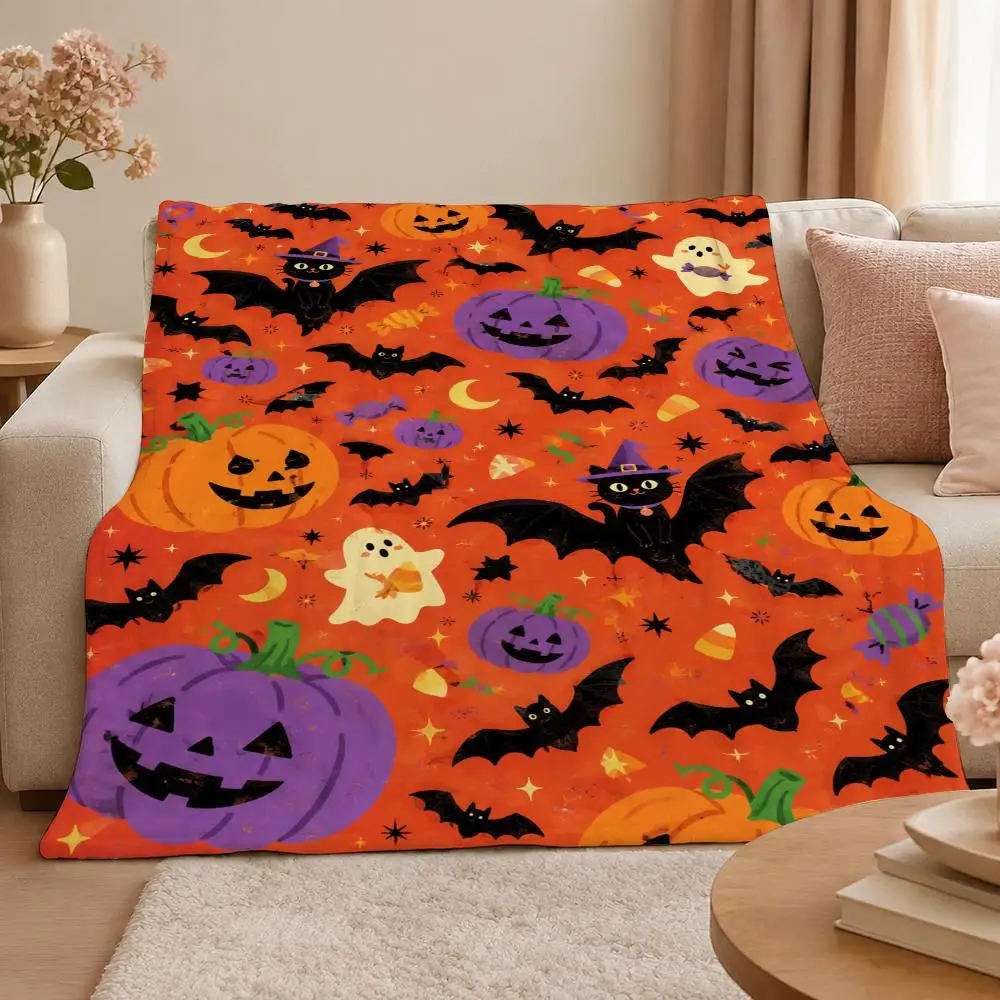 Kawaii Halloween Ghost Pumpkin Colorful Cartoon Art Throw 320g Soft Flannel Fleece Throw Blanket Cover Sofa Bed Dorm Nap Gift