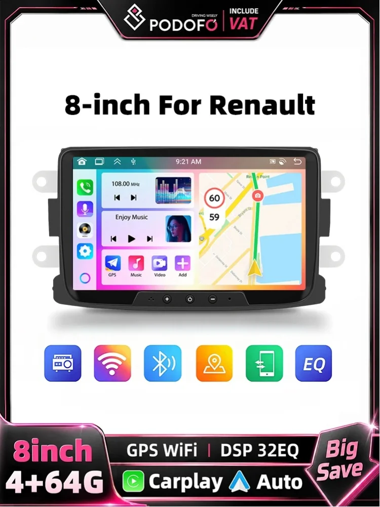 Podofo 4+64G Multifunktionales 2DIN Android Autoradio Carplay GPS FM RDS Player für Renault Dacia Duster Sandero Logan Dokker Auto-Innenraum-Multimedia-Modifikation