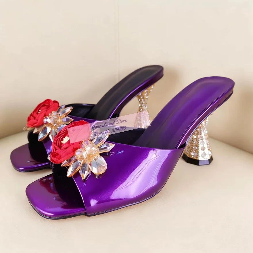 Фото Женские туфли-лодочки на высоком каблуке с кристаллами и бисером, цветами, блестящие стразы, стеклянные туфли на каблуке в форме вина, современные тапочки с квадратным носком, сандалии