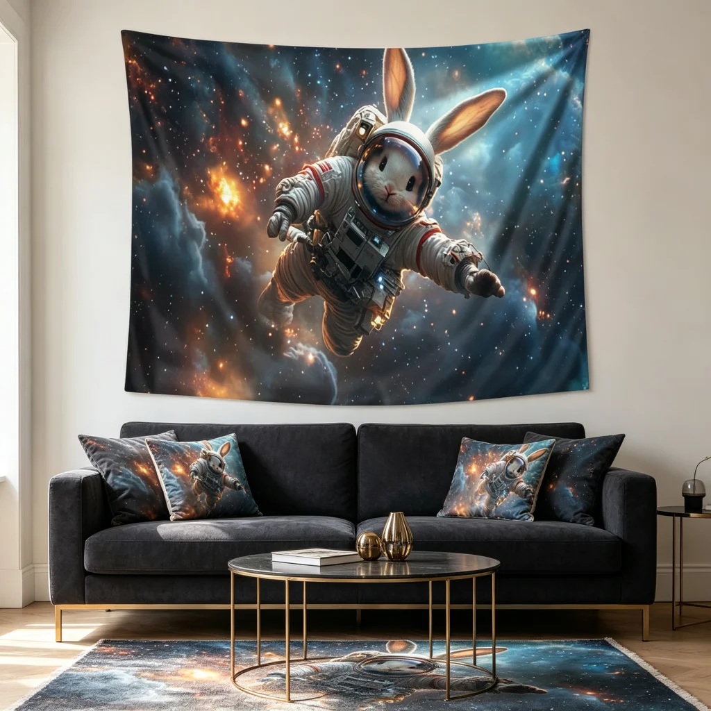 1PC Astronaut Rabbit Art Print Backdrop Banner, Bedroom Living Room Photo Background, Polyester, Home Decor, Wall Art
