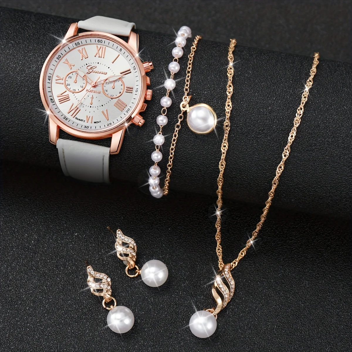 

5pcs/set Women's Watch Casual Round Pointer Quartz Watch PU Leather Wrist Watch & Faux Pearl Jewelry Set, Gift For Mom Her