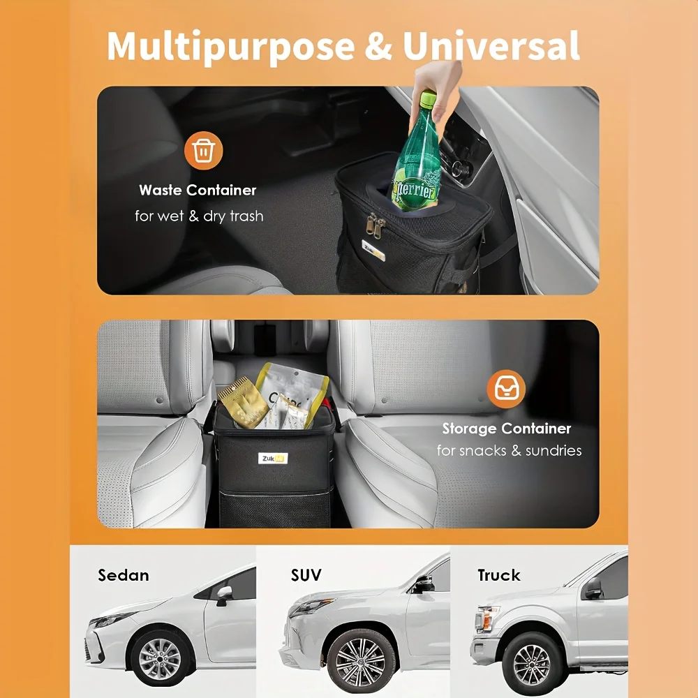 ZukMi Trash Can with Lid and Storage Pockets, 100% Leak-Proof Organizer, Waterproof Garbage Can, Multipurpose Trash Bin for Car