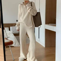 New autumn and winter fashion suit, lazy style lapel zipper knitted sweater, wide-leg pants two-piece set for women