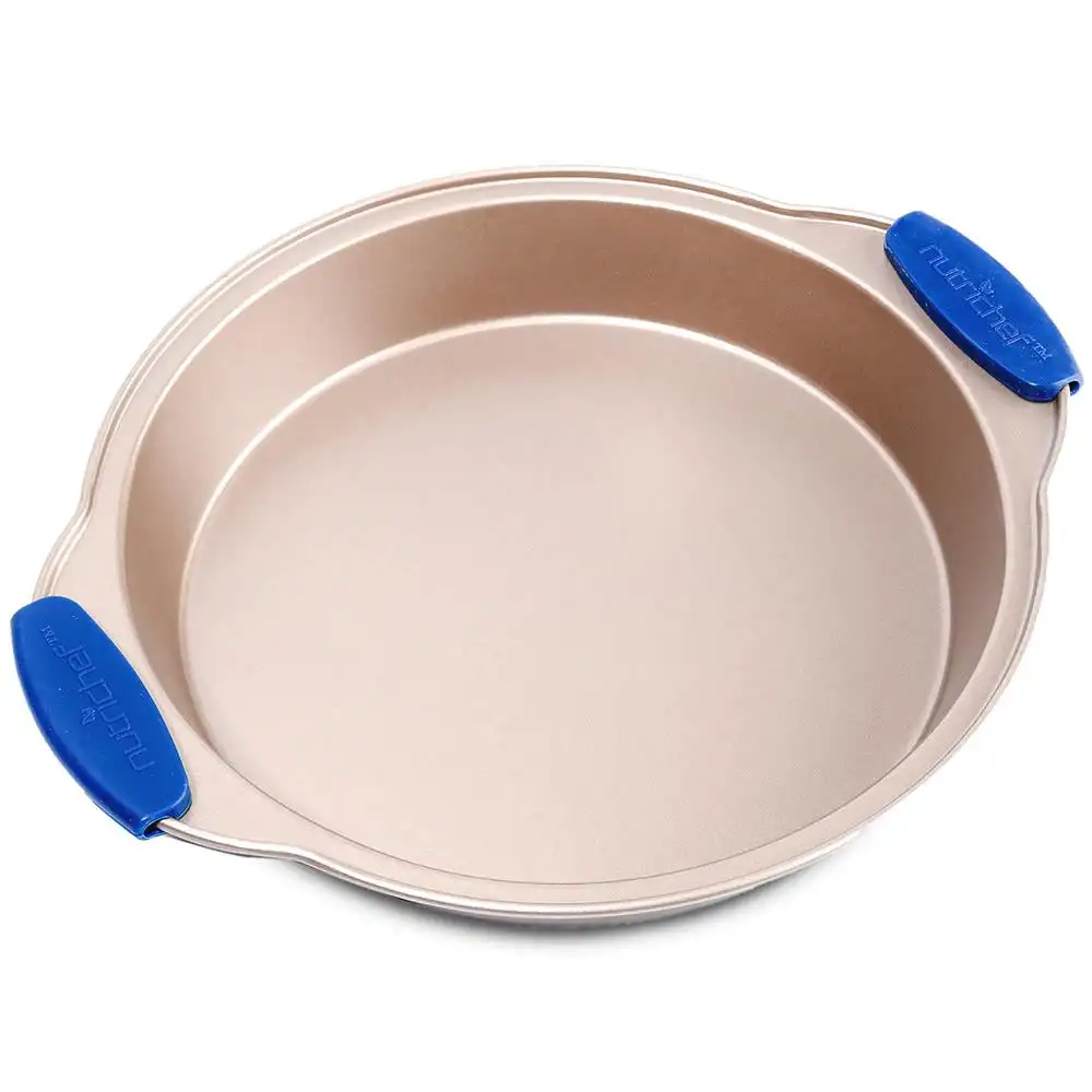 

11” Non-Stick Round Pan, Deluxe Copper Carbon Steel Pan with Blue Silicone Handles (Gold)