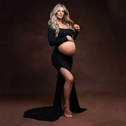 출산 원피스 컷 아웃 백리스 사이드 스플릿 슬림 긴팔 맥시 섹시 원피스 가운, 베이비 샤워 사진 촬영용