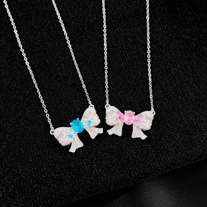 KOFSAC Bow Necklace Fantasy Gradual Crystal Jewelry Light Luxury Extraordinary Lake Zircon Collar Chain 925 Silver Necklaces