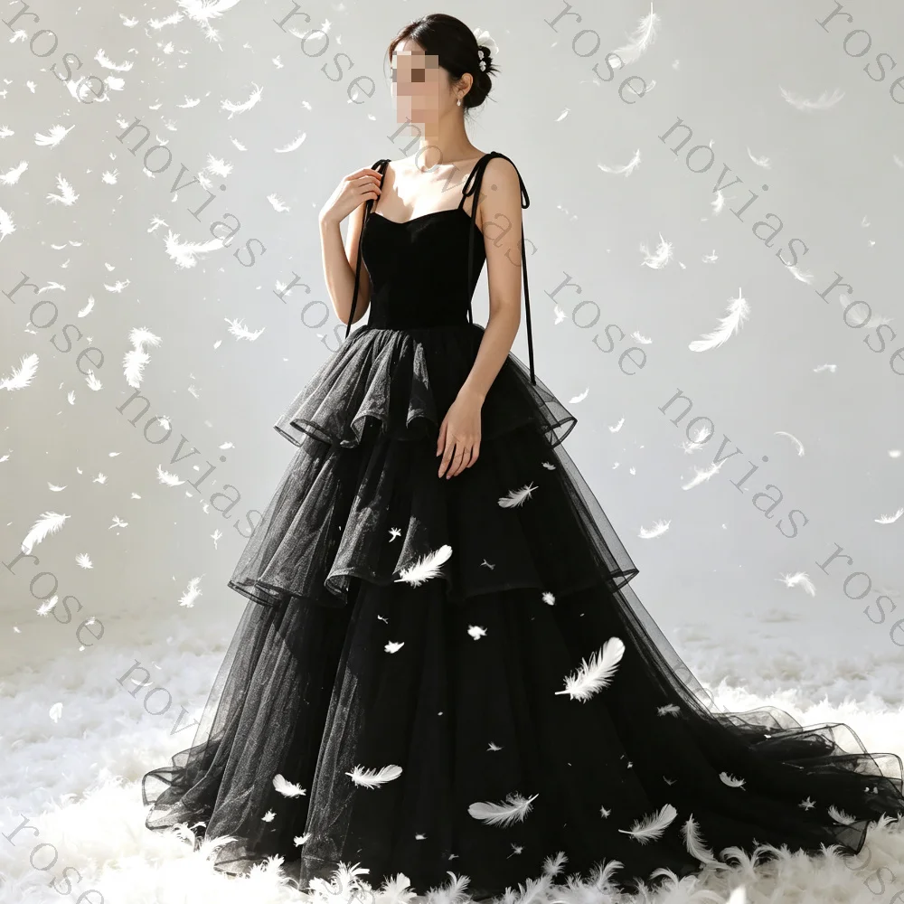 Customized Gothic Photoshoot Long Train Bridal Gowns Sweetheart Tie Strap Black Tulle Ballgown Layered Ruffle Wedding Dresses