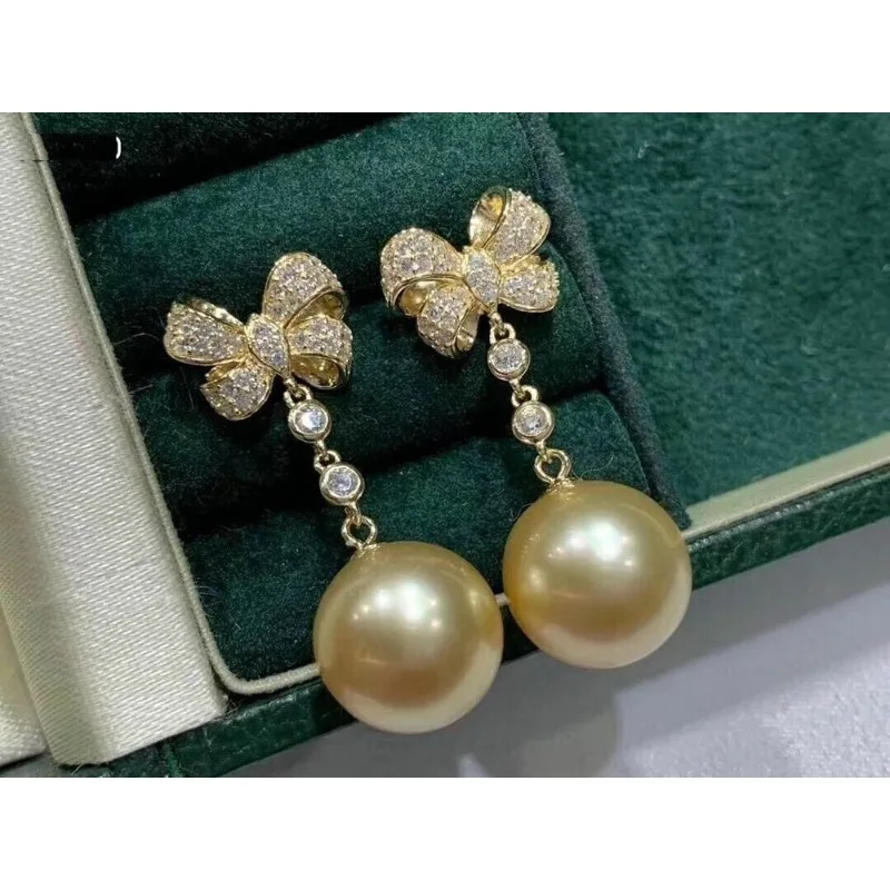 

Gorgeous AAAA 10-11mm Natural South Sea Round Golden Women's Pearl Earrings 925 Silver