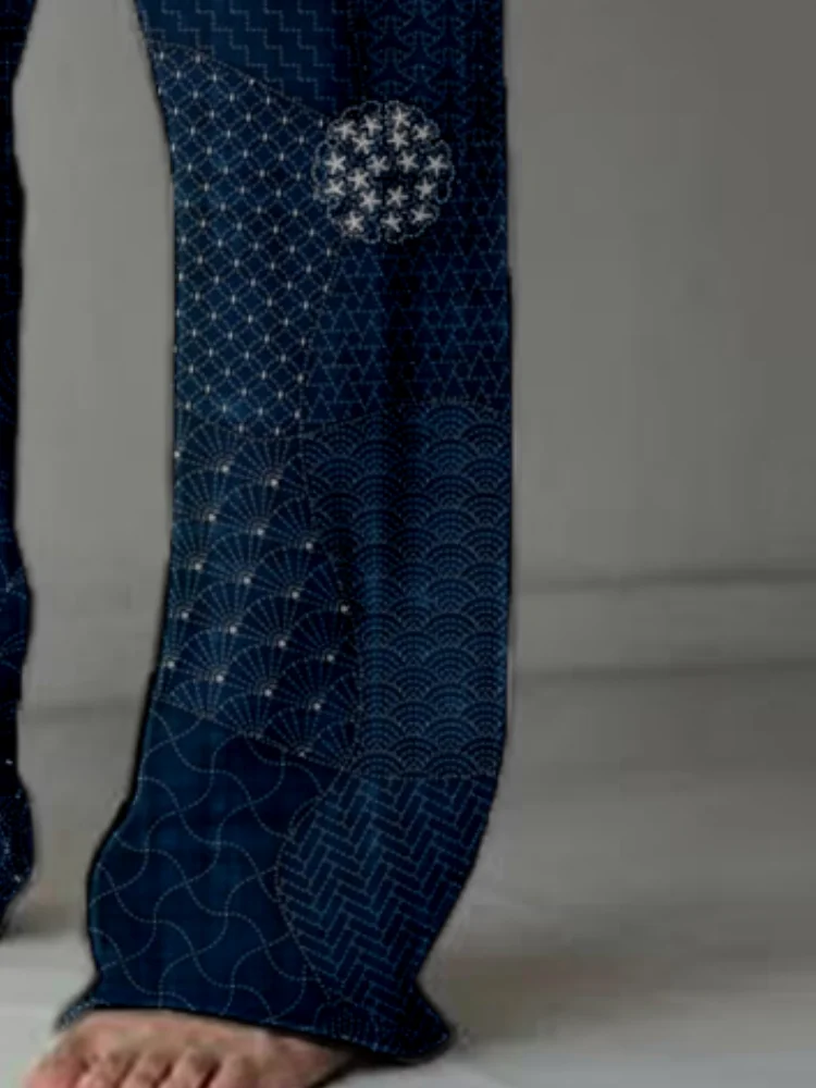 Men's Japanese Traditional Sashiko Art Blend Casual Pants Fashion Wide Leg Long Trousers Holiday Floor-Length Autumn 2025 Bottom