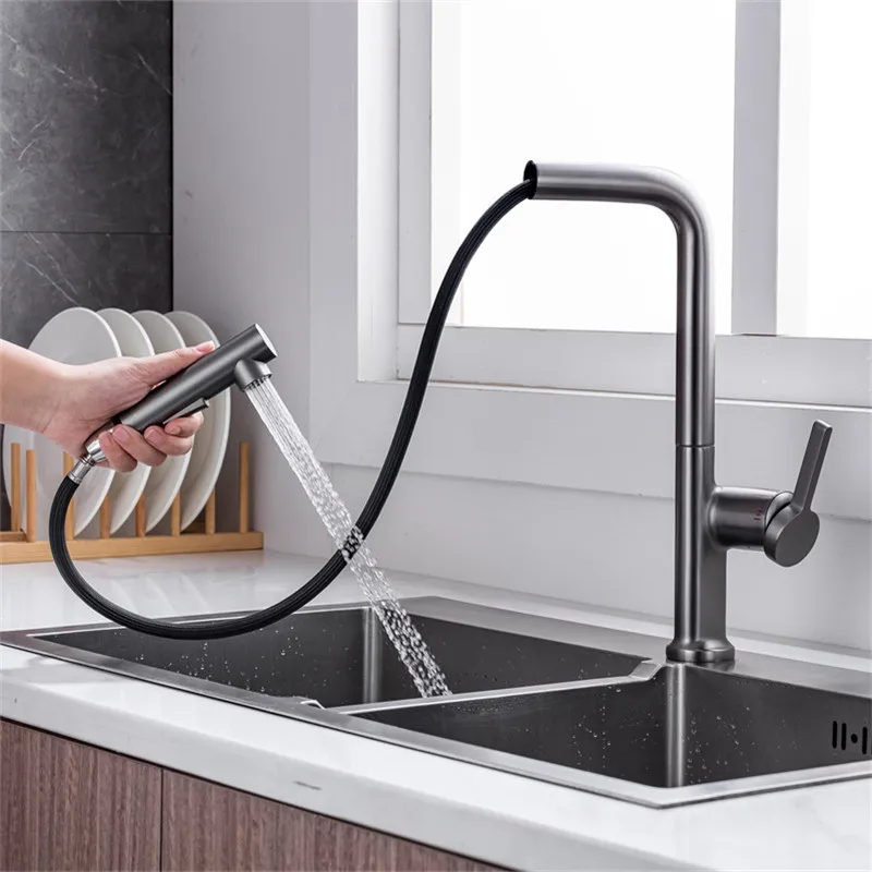 

Kitchen Faucets Solid Brass Sink Mixer Hot & Cold Water Taps Pull-Out Rotatable Single Handle Lever Gun Grey/Chrome/Brushed Gold