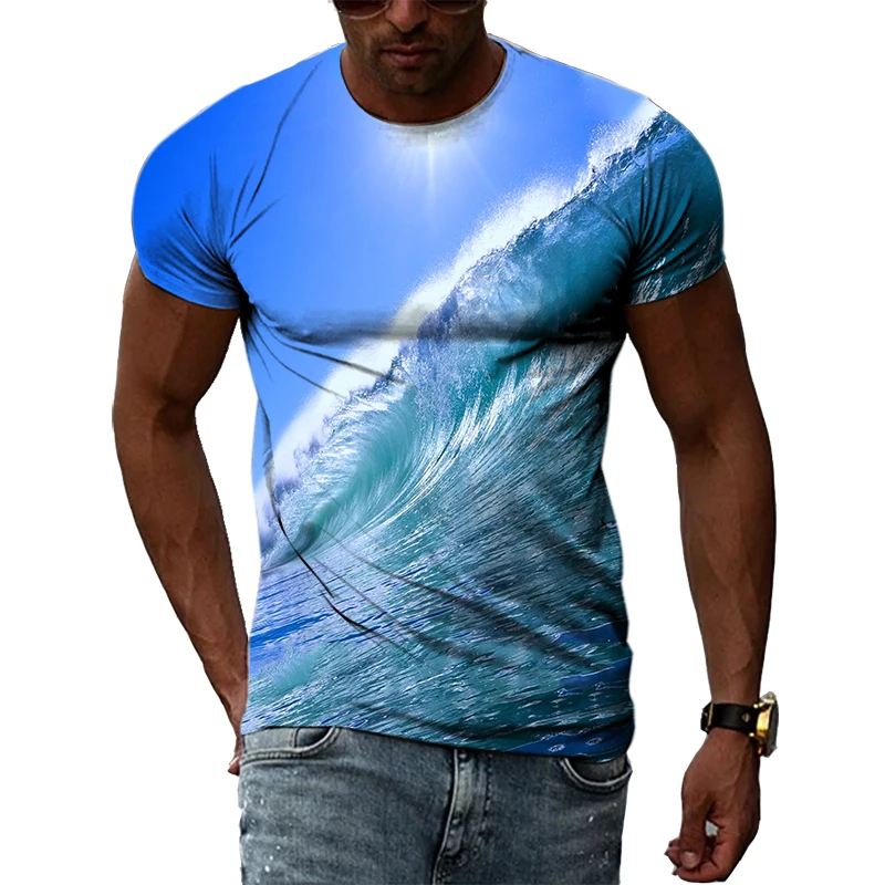 New Men's Ocean Wave Beach Pattern T-Shirts 3D Printed Sunset Sunriseo-Neck Tops Summer Personalized Fashion Short Sleeved Tees