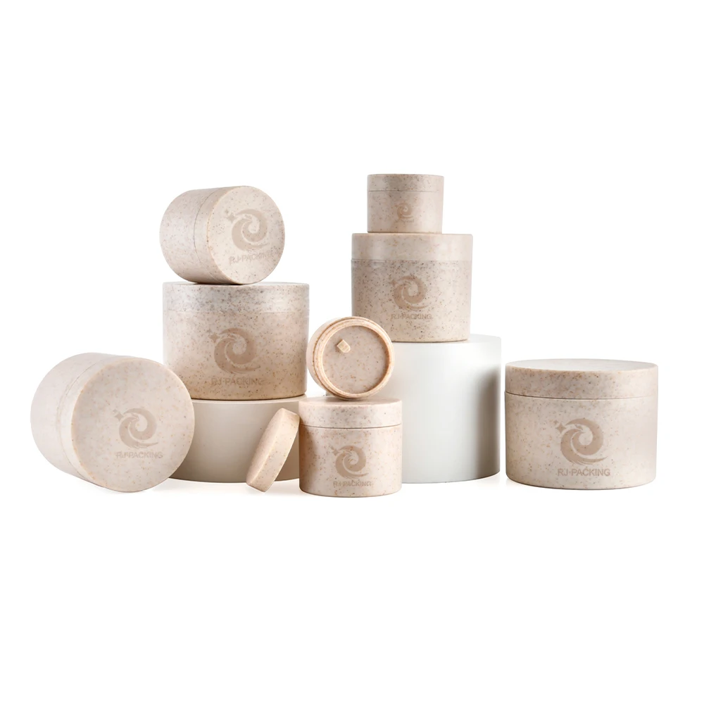 50g 100g 250g Custom Refillable Empty Double Wall Flat Plastic Cosmetic Body Lotion Wheat Straw Cream Jars for Body Butter