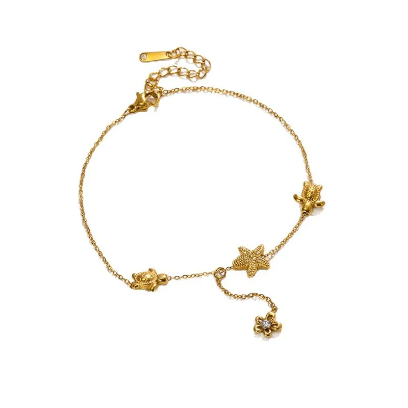 18K Gold  Anklet for Women, Starfish Turtle Flower Charm, Titanium Steel Foot Jewelry, Light Luxury & Versatile Fashion