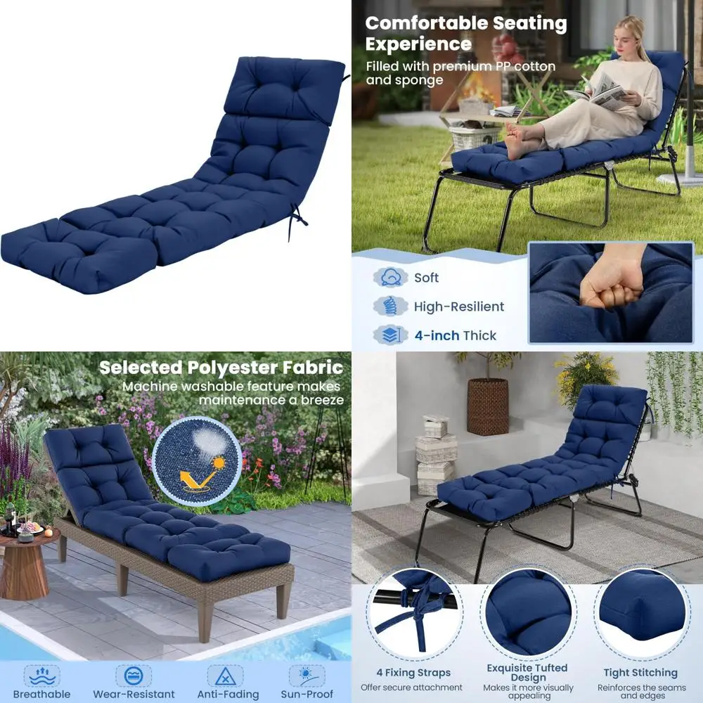 

Outdoor High Back Recliner Cushion, 73 x 22 Patio Lounge Cushion with 4 Ties, 4 Thick Padded Seat for Comfort