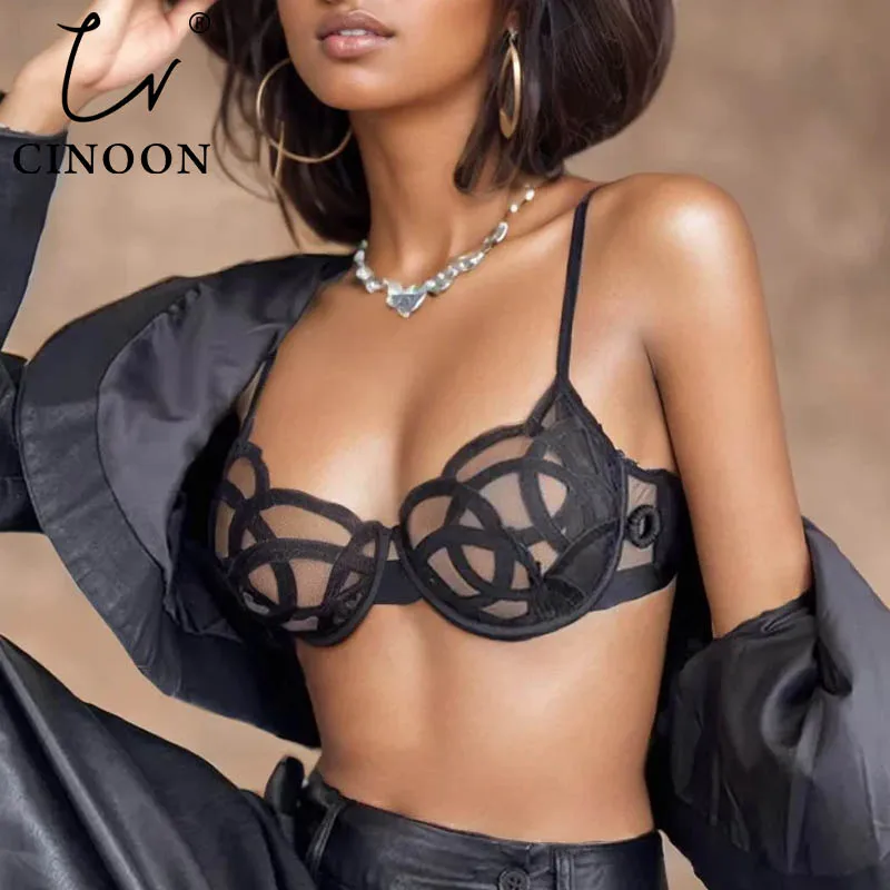 CINOON French Transparent Bra Lace Sexy Temptation Underwear Women Ultra Thin Push Up Brassiere Hollow Out Bralette Lingerie