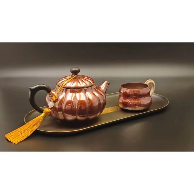 Autumn-themed copper teapot set, traditional Chinese tea set, woven rope handle copper pot set with cups and trays