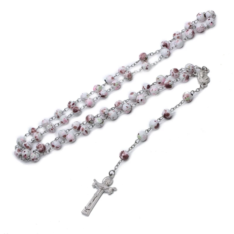 652F Victorian Gothic Crossed Rosary Necklace With Chain Handmade Pink Speckled Beads  Necklace Curved Needle Bead Chain