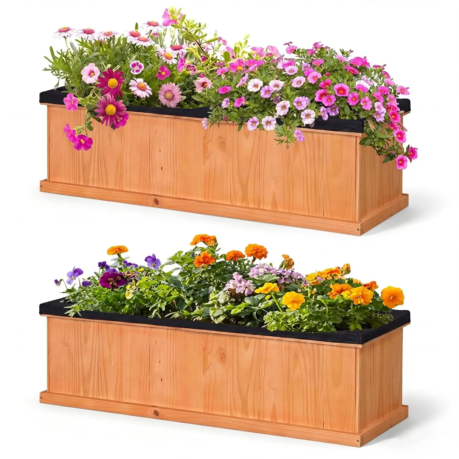 Wooden Raised Garden Bed with Drainage Holes & Liner, 2 Pieces Solid Fir Wood Planter Box for Flower Vegetable, Customized