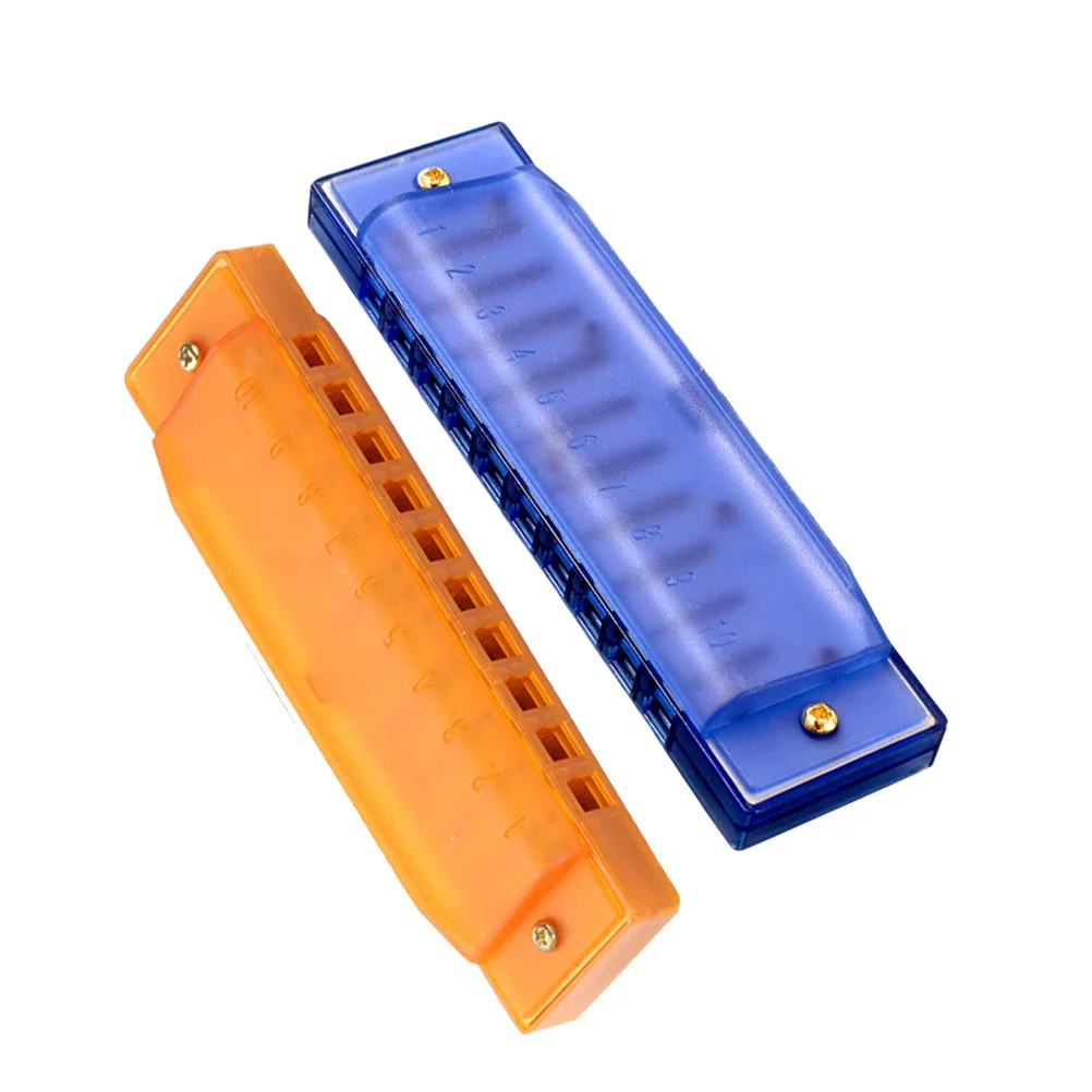 2pcs 10 Hole Plastic Harmonica Music Instrument Educational Music Toy for Beginner Students Kids (Blue+Orange)