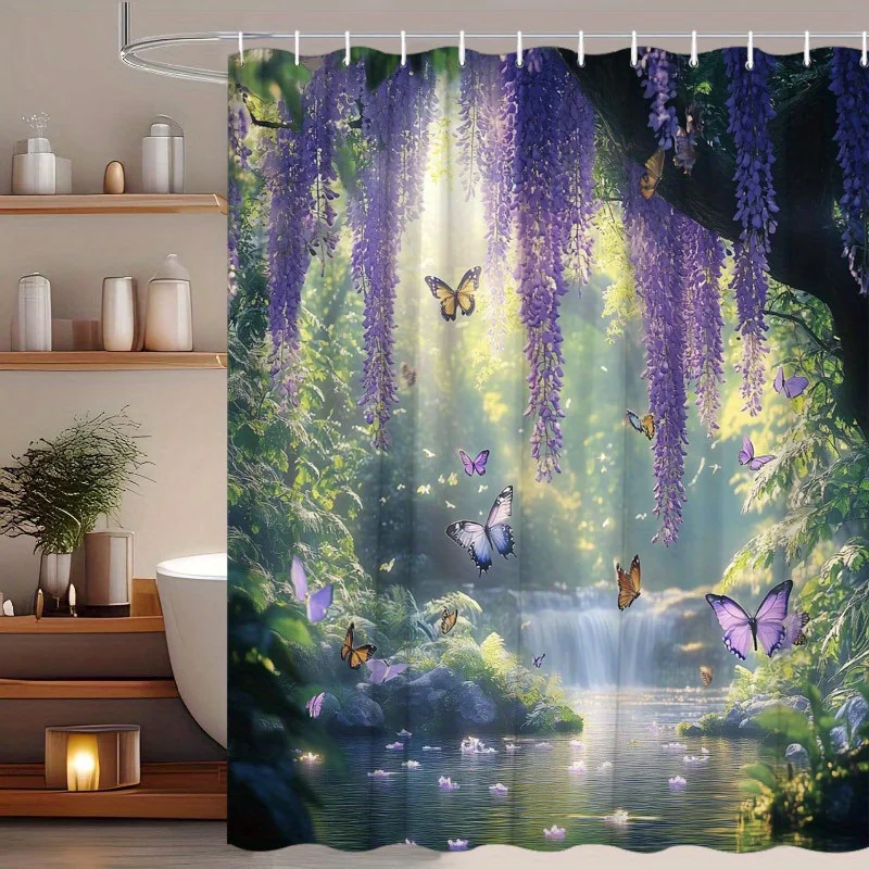 purple wisteria and butterfly shower curtain with forest waterfall scene for magical Free Hooks Included Can be usedasapartition