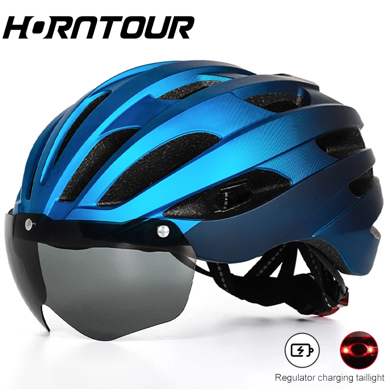 

Horntour Bike Helmet With Magnetic Windproof Goggles Rechargeable LED Adult Ultralight Bicycle Helmet Safety Road Cycling Helmet