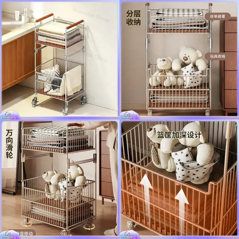 Double Layer Laundry Basket with Wheels Bathroom Storage Rack for Dirty Clothes Bath Products Organizer Floor Standing Hamper