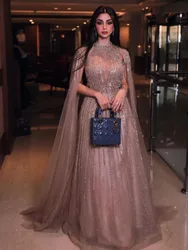 Sparkly Champagne Evening Dresses With Beaded Crystals Halter Neck فساتين السهرة Floor Length Formal Prom Dress Cocktail Gown