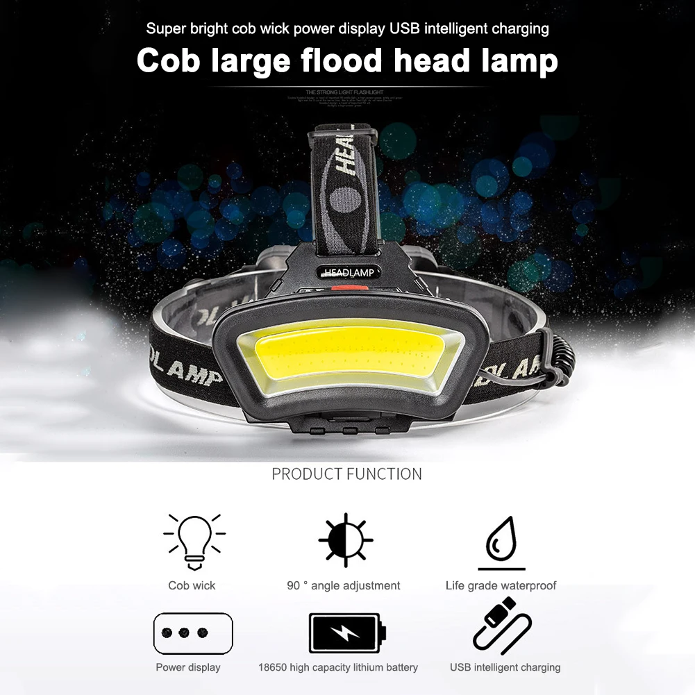 COB LED Headlight 1000LM USB Rechargeable Camping Flashlight Head Light Torch Lamp Wide Angle LED Headlight with 2*18650 Battery