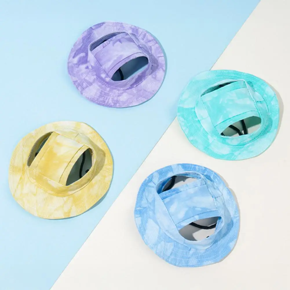 Pet Hat with Stability Straps Adjustable Tie-dye Dog Bucket Hat with Ear Holes Outdoor Sun Protection Cap for Small Medium Dogs