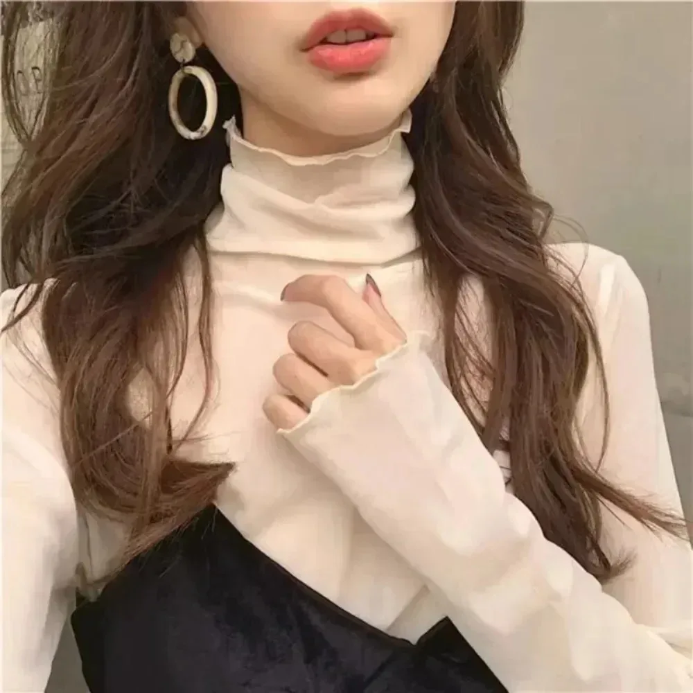 High Neck Sheer Mesh Top Women Clothing Long Sleeve Turtleneck T-shirt Korean Sexy See Through Black White Beige Shirt New image 3