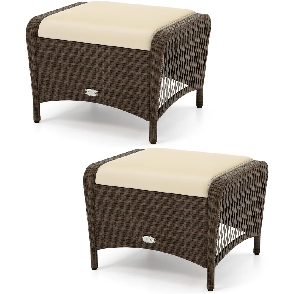 

2-Piece Wicker Outdoor Ottoman - Rattan Footstools w/Removable Cushions, Multipurpose Foot Rest, Additional Seating