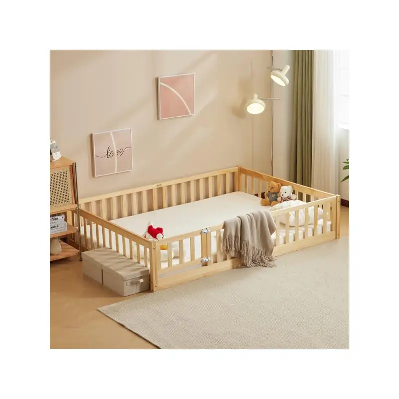 Cama con valla de madera de pino natural con puerta y terraza para niños, cama infantil de tamaño completo, superficie pintada