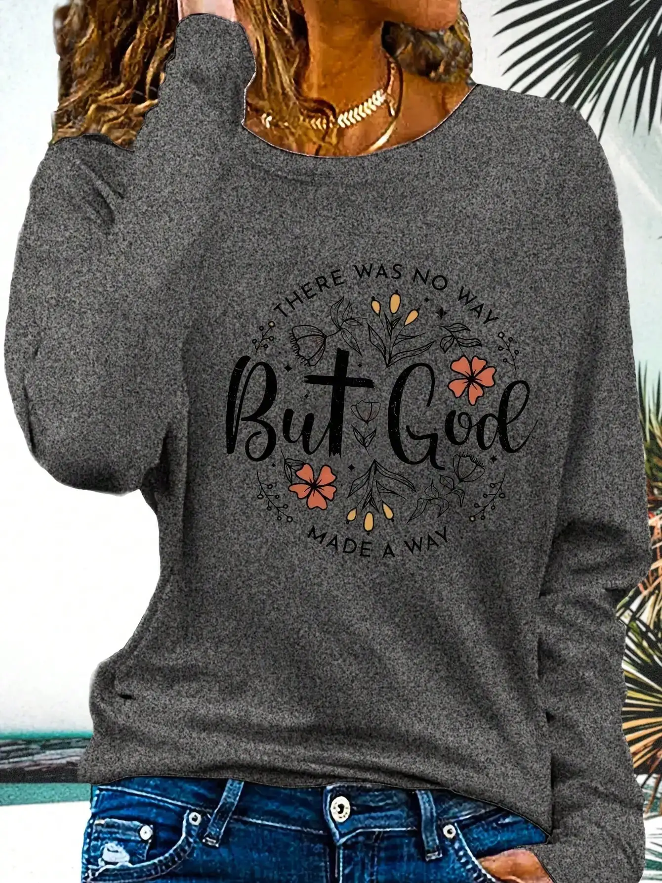 Women's Long Sleeve T-Shirt With Floral And Butterfly Print Bible Verse'But God Made A Way',Daily Wear,Religious Clothing-Casual T-Shirts-Summer Tops