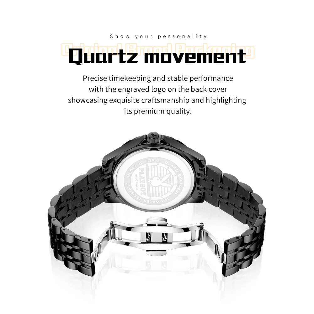 PLAYBOY 3095 Brand original authentic watches for man luxury Solid steel belt double calendar fashion quartz men's watch