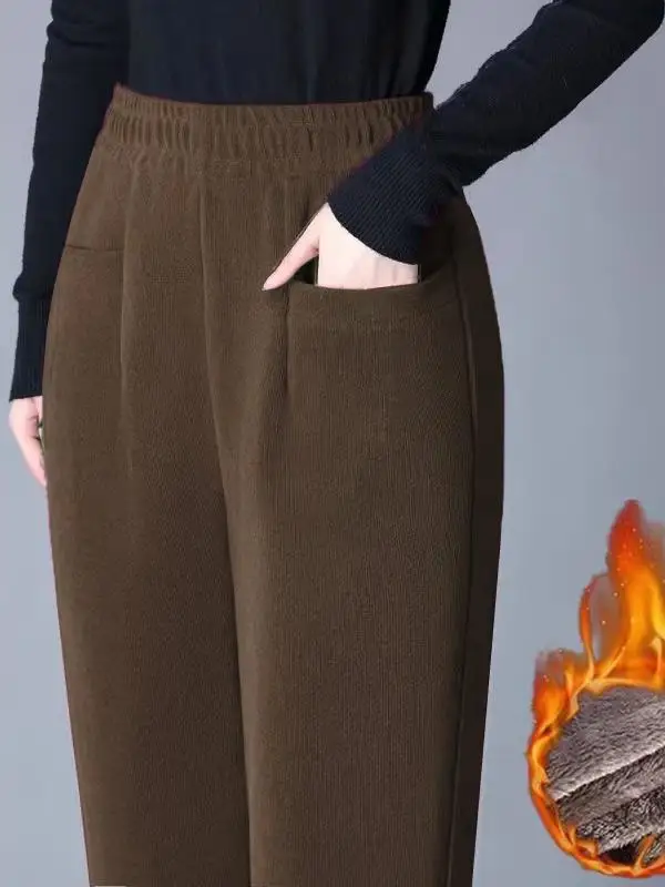 고품질 기모 안감 코듀로이 보온 바지 겨울 신상 슬림핏 엄마 캐주얼 바지 기모 스트레이트 팬츠