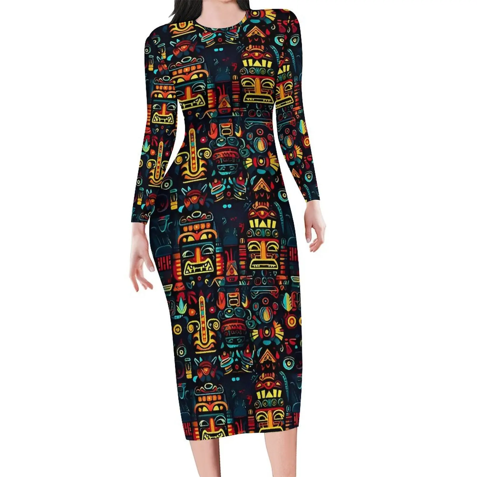 Aztec Art Vintage Print Dress Woman  Korean Fashion Bodycon Dress Holiday Long Sleeve Cute Dresses Custom Oversized Vestido