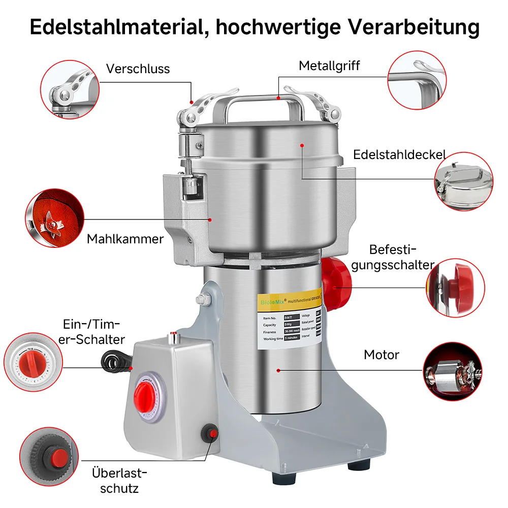 BioloMix 700g Körner Gewürze Kräuter Getreide Kaffee Trockenfutter Mühle Mahlmaschine – Detail 4