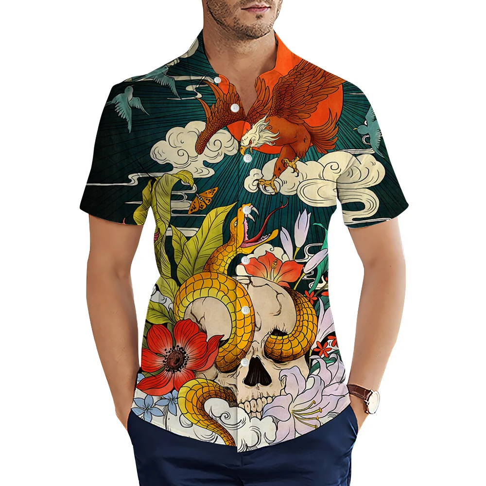 

HX Ukiyo-e Shirts Japanese Famous Painting Snake Eagle Skull 3D Print Casual Shirt Summer Short Sleeve Tops Harajuku Camisas