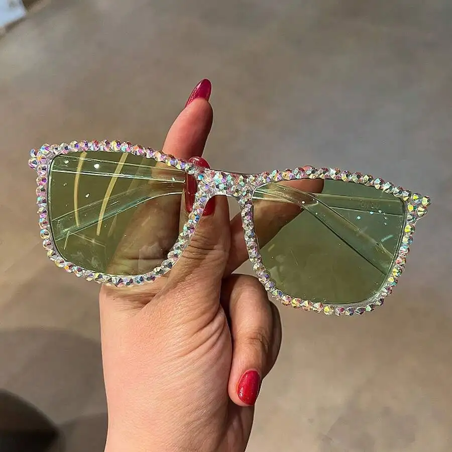 

Ultra-Light Square Frame Rhinestone Fashion Glasses With Colorful Lens For Photo Shooting