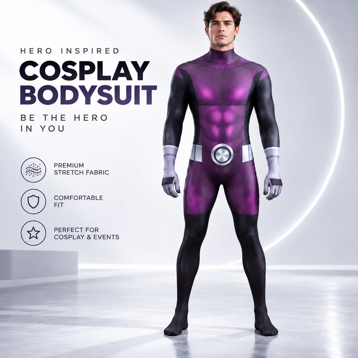 Tuta intera futuristica da eroe per adulti e bambini, tuta elasticizzata stampata in viola e nero con coprimani integrati, ideale per feste in maschera e performance al Comic Con.