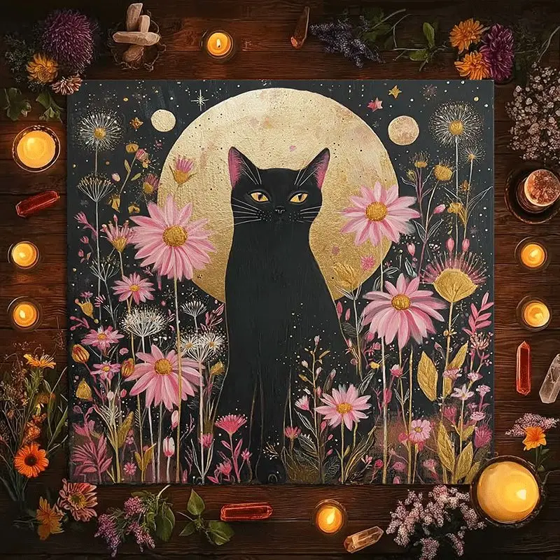 Mystical Black Cat Under Full Moon Floral Witchy Bohemian Aesthetic Table Runner Decor 50X50cm