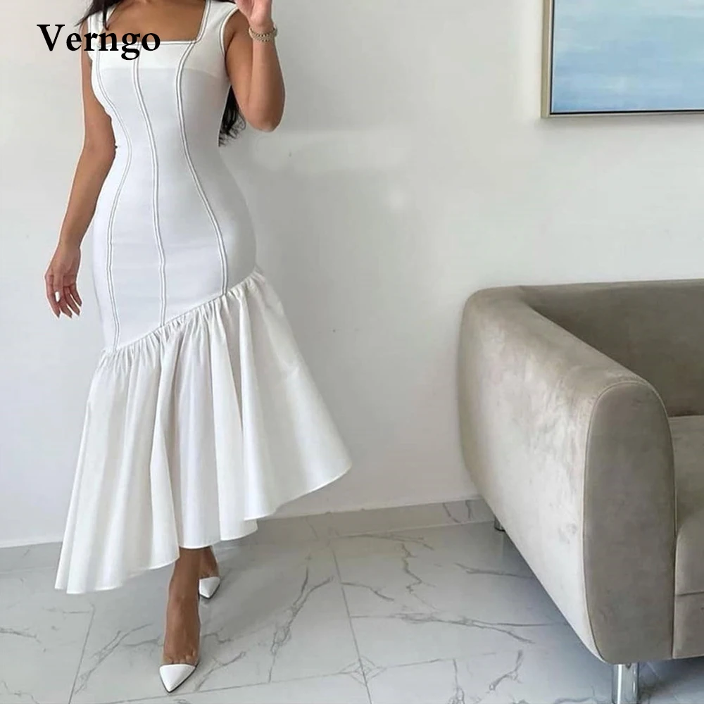 Verngo Vintage White Arabic Women Formal Party Dress Mermaid Cap Sleeves abiti da sera asimmetrici in raso Night Club Prom Dress